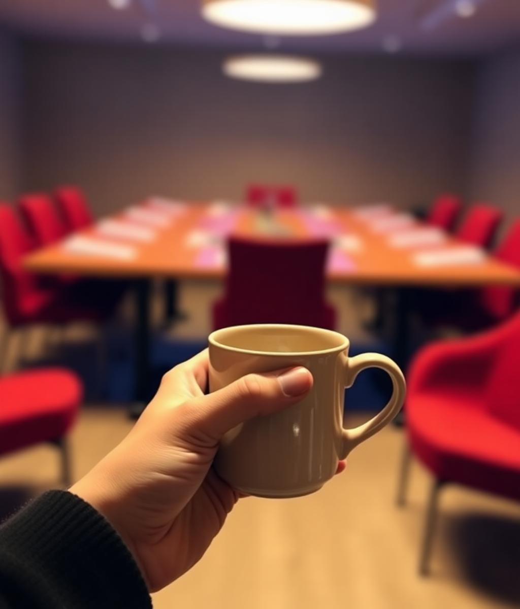 Hands holding a ceramic mug in a warm meeting setting