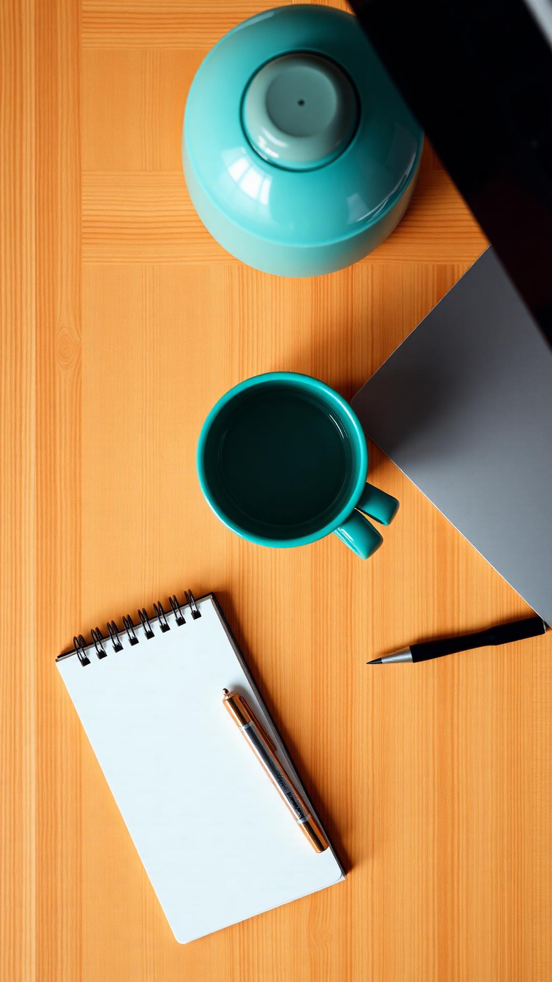 A warm, organized workspace with a teal mug, notebook, and pen